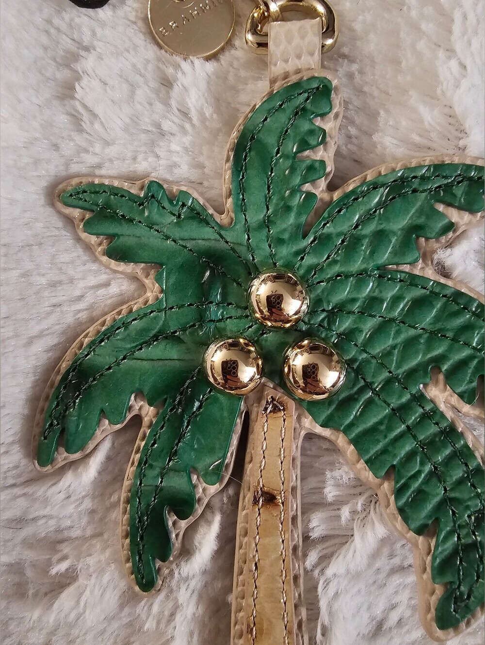 Brahmin Palm Tree Genuine Leather Bag Charm Keychain NWT Green Gold Cream - Picture 4 of 7